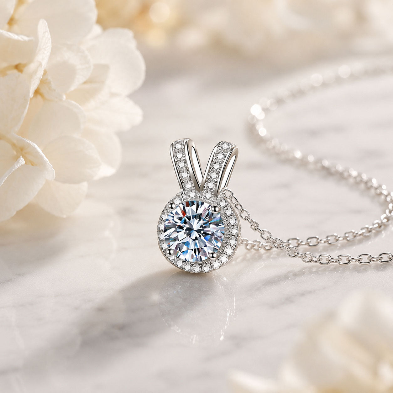 Lab Diamond Bunny Ear Pendant Necklace